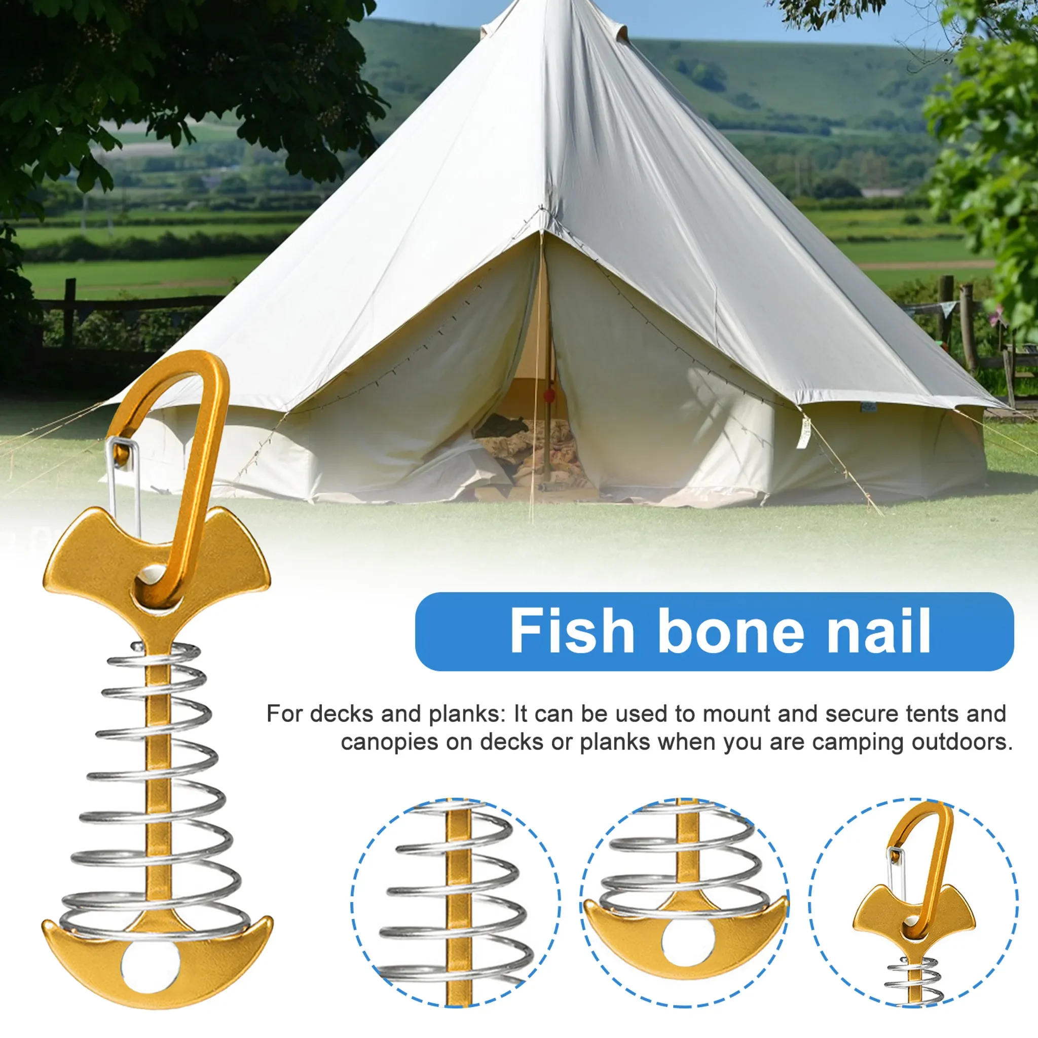 Deckankerheringe – Fishbone Zeltheringe mit Karabinern, Silber
